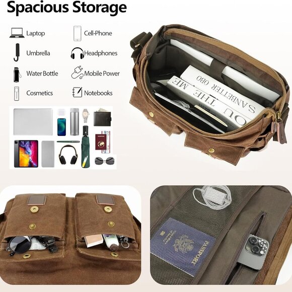 Messenger Bag for Men,14-15.6 Inch Laptop Bag, Water-resistant Waxed Canvas Satc - Picture 3 of 7
